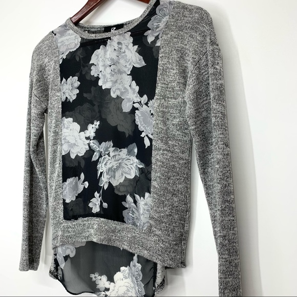 IZ Byer Static Gray Floral Print Sheer Panel High Low Thin Sweater Size XS - Picture 3 of 16